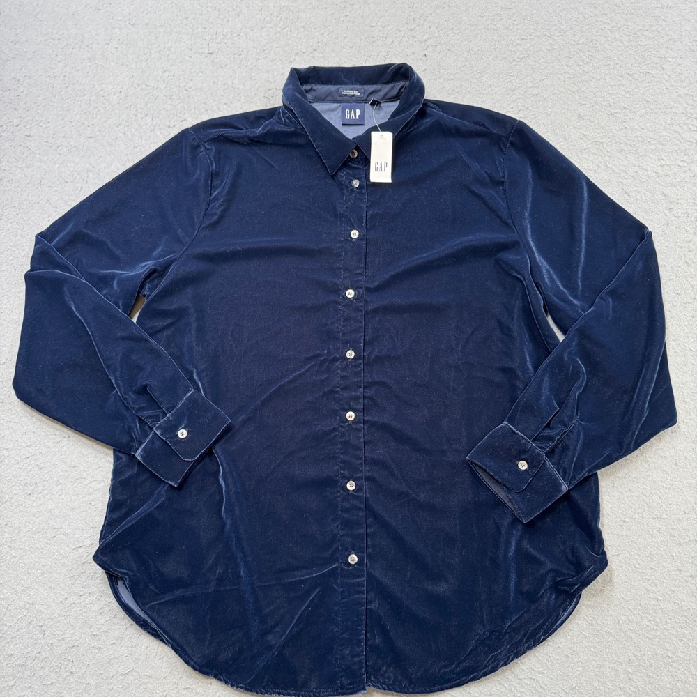 NEW GAP Boyfriend Shirt Women's Large Navy Blue Velvet Button Down Long Sleeve
